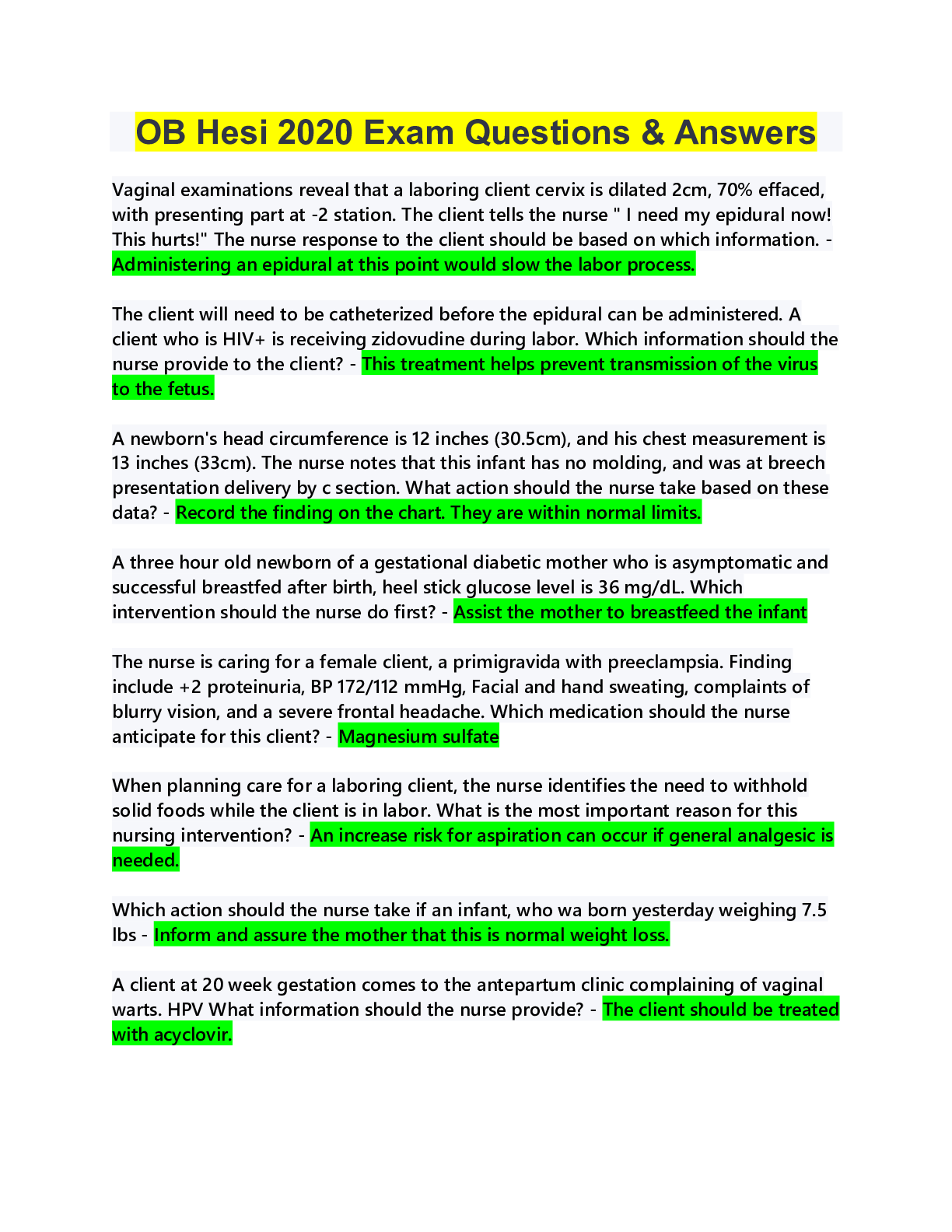 Preview image for (Answered) Obstetrics -; OB Hesi 2020 distinction level Q&A.